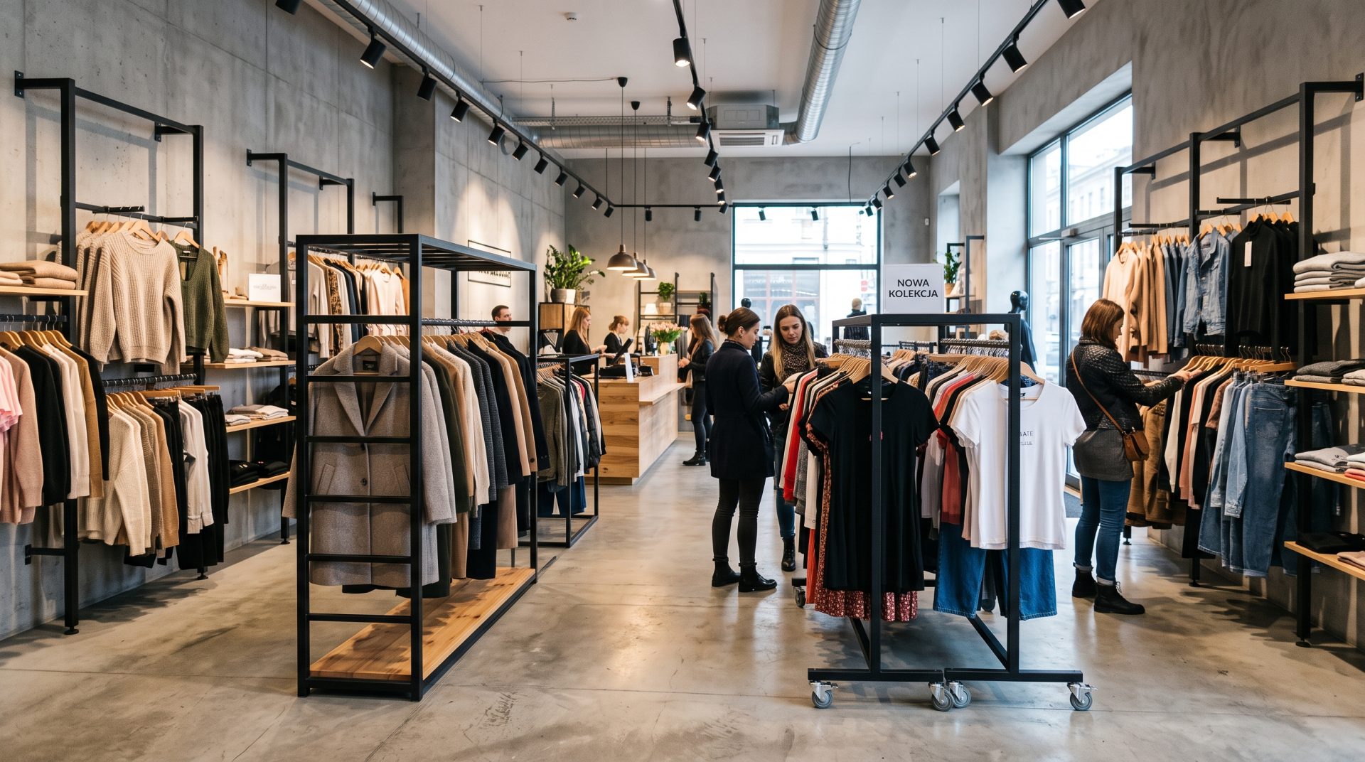 Moderne Boutique mit Kleiderständern aus Metall im Loft-Stil